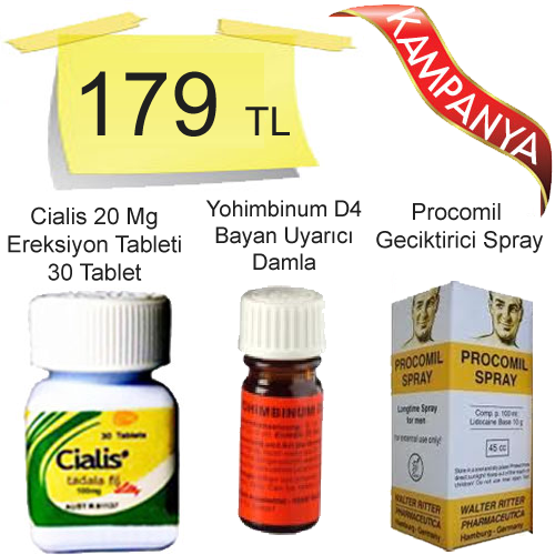 Cialis 20 mg 30 Tablet + Yohimbinum D4 Bayan Azdırıcı Damla + Procomil 45 cc Geciktirici Sprey