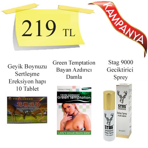 Geyik Boynuzu Hapı Geyikli Hap + Green Temptation Bayan Azdırıcı Damla + Stag 9000 Geciktirici Sprey