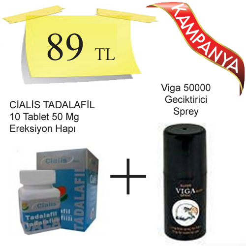 Cialis 50 mg Tadalafil 10 Tablet + Viga 60000 Geciktirici Sprey